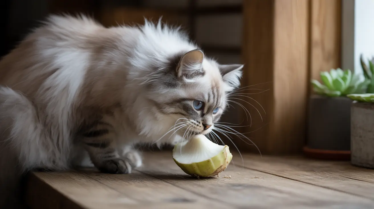 Fluffy white and gray Ragdoll cat curiously investigating a partially peeled apple on a wooden surface