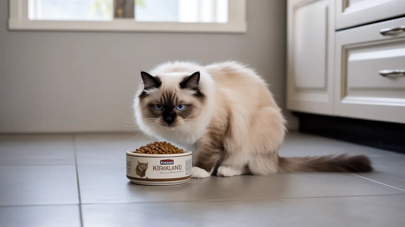 A fluffy Ragdoll cat sitting next to a Kirkland brand cat food bowl filled with kibble