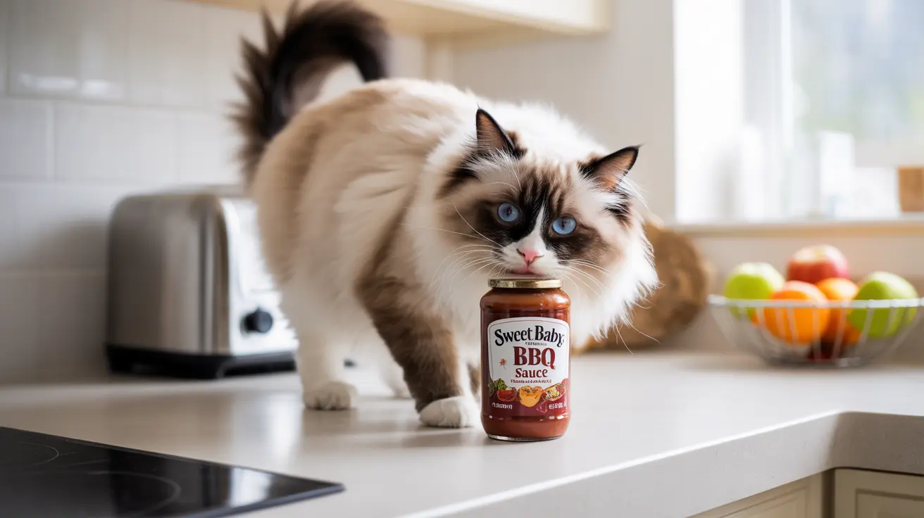 A Ragdoll cat standing on a kitchen counter next to a bottle of Sweet Baby BBQ Sauce