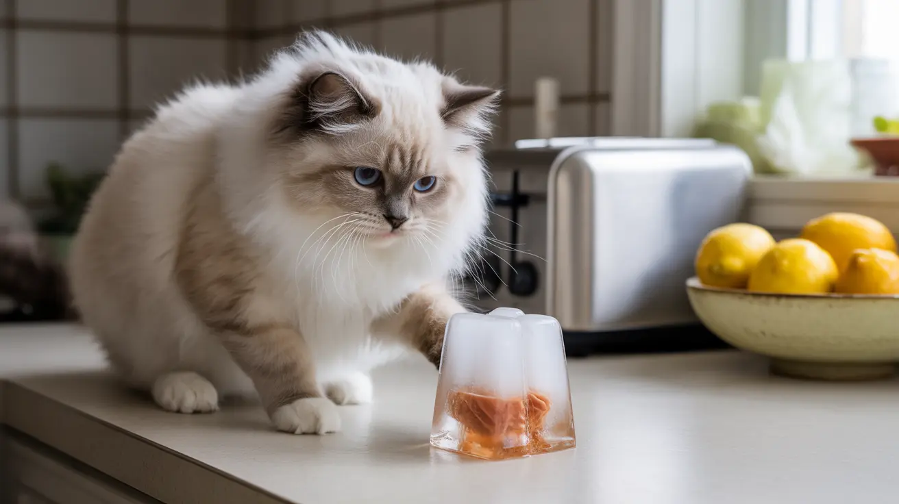 A fluffy white and gray Ragdoll cat sitting on a kitchen counter next to a frozen treat in a clear mold