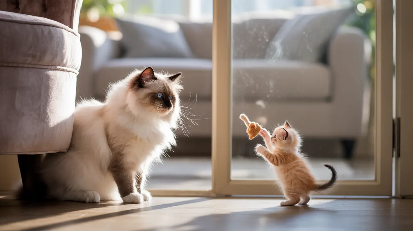 A white Ragdoll cat with a small orange kitten near a glass door in a modern living room