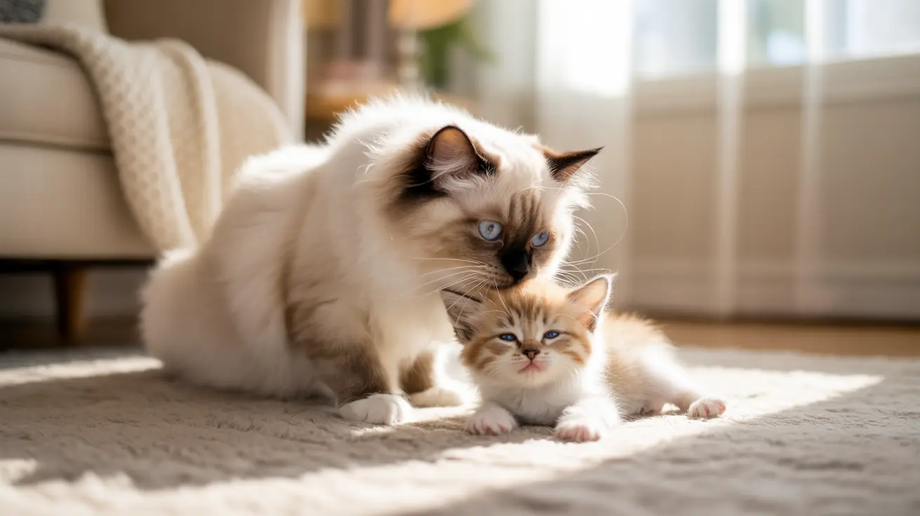 A white and brown Ragdoll cat with a small kitten on a carpeted floor near a couch