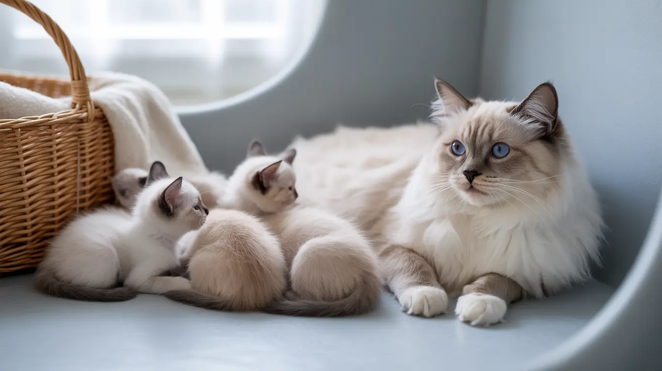 A Ragdoll cat with two kittens sitting near a woven basket with a white blanket