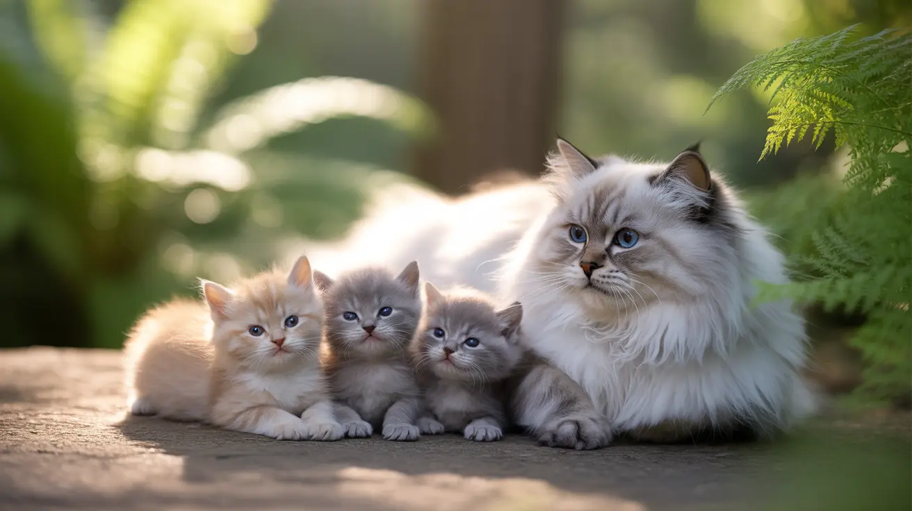 白いラグドールの猫と三匹の子猫が、青い芝生の庭の石の上で一緒に座っている様子