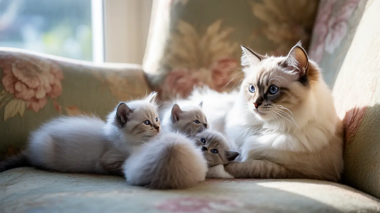 A Ragdoll cat with three kittens sitting together on a floral-patterned couch near a window.