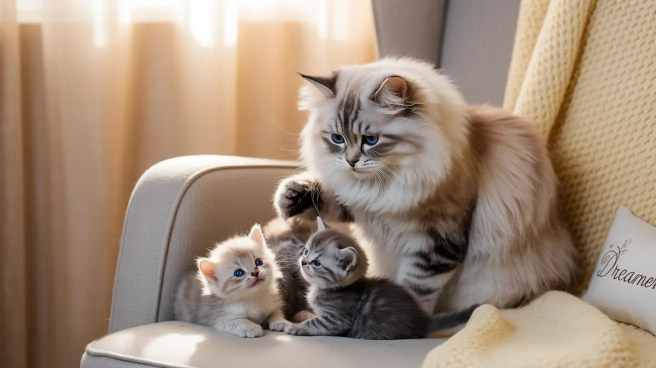 An adult Ragdoll cat sitting protectively with two smaller kittens on a light-colored armchair