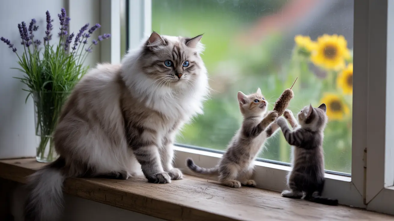 An adult Ragdoll cat sitting beside two playful kittens on a windowsill with lavender and sunflowers in the background