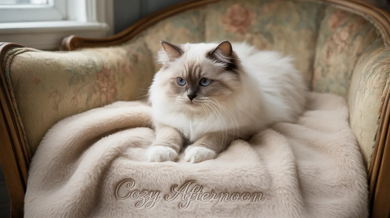 A fluffy white and grey Ragdoll cat resting on a soft blanket in an antique chair