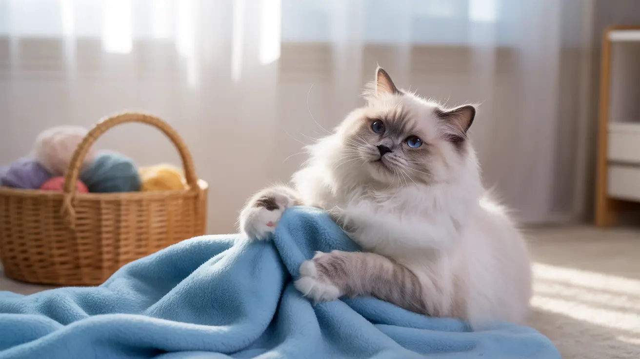 A fluffy white and gray Ragdoll cat sitting on a soft blue blanket, looking regal and comfortable.