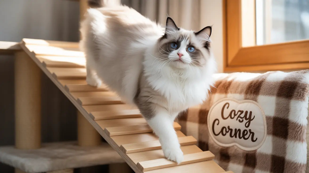 A fluffy white and gray Ragdoll cat standing on a wooden cat ladder near a cozy window