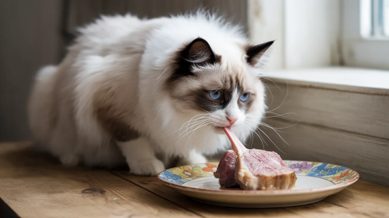 A Ragdoll cat licking a piece of raw meat on a colorful plate near a window