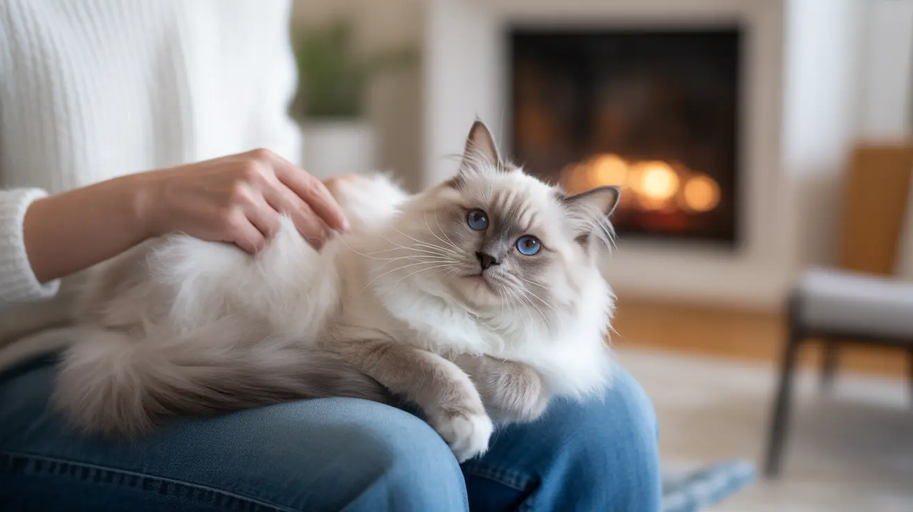 A fluffy white and cream Ragdoll cat sitting comfortably on someone's lap near a warm fireplace