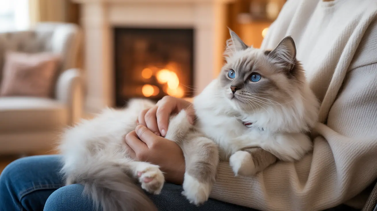 A beautiful Ragdoll cat sitting comfortably on someone's lap near a warm fireplace