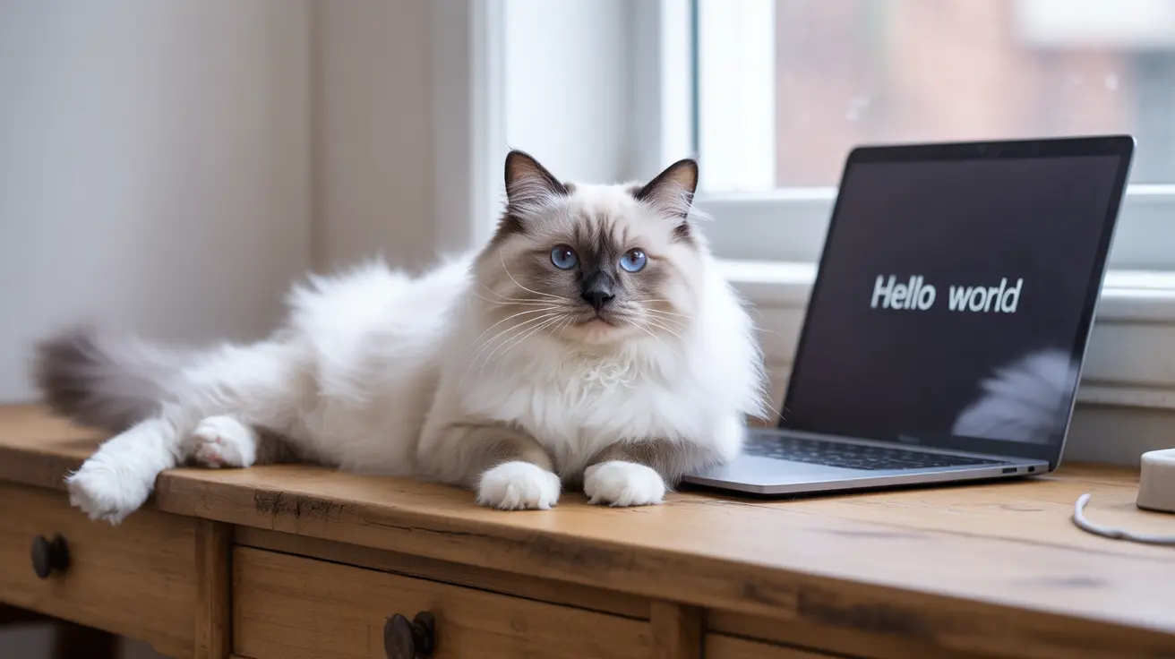 A fluffy white and gray Ragdoll cat sitting next to a laptop displaying 'Hello world'