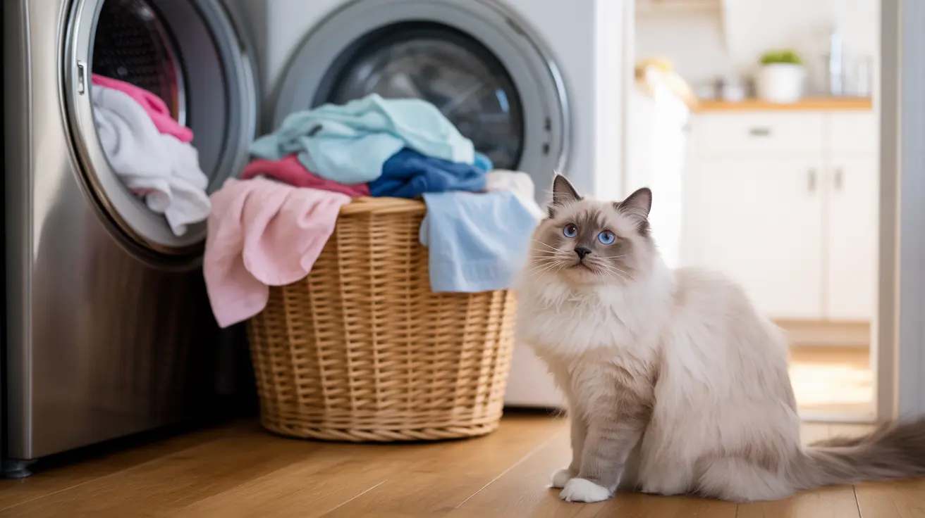 A fluffy white Ragdoll cat sitting next to a laundry basket in front of an open washing machine