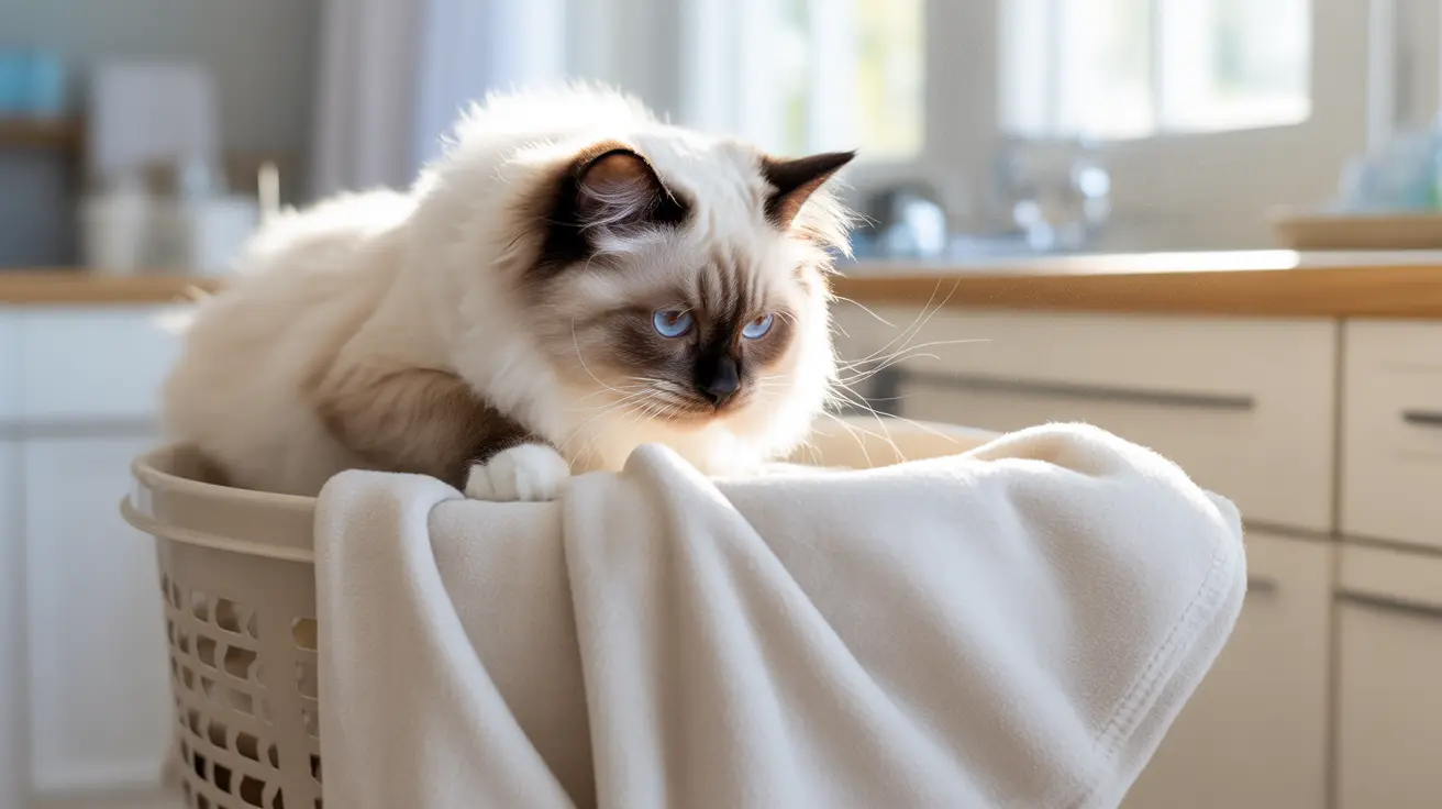 A stunning Ragdoll cat sitting in a white laundry basket draped with a soft white towel, looking intently off to the side