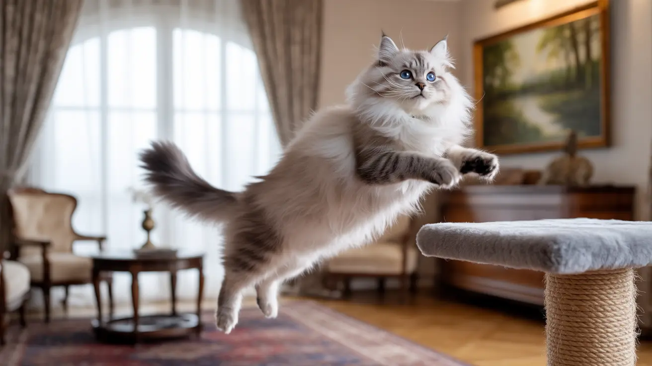 Un chat Ragdoll blanc et gris, au pelage moelleux, bondit près d'un griffoir dans un salon élégant.