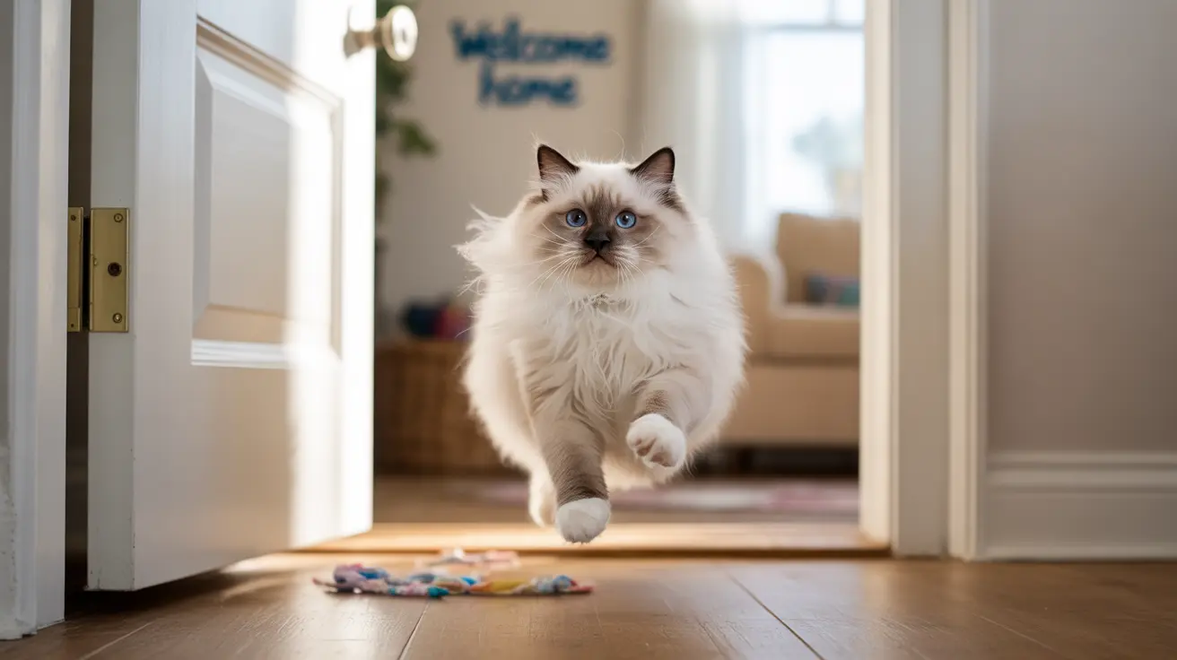 Fluffy white and cream Ragdoll cat leaping through a doorway with a colorful toy on the floor