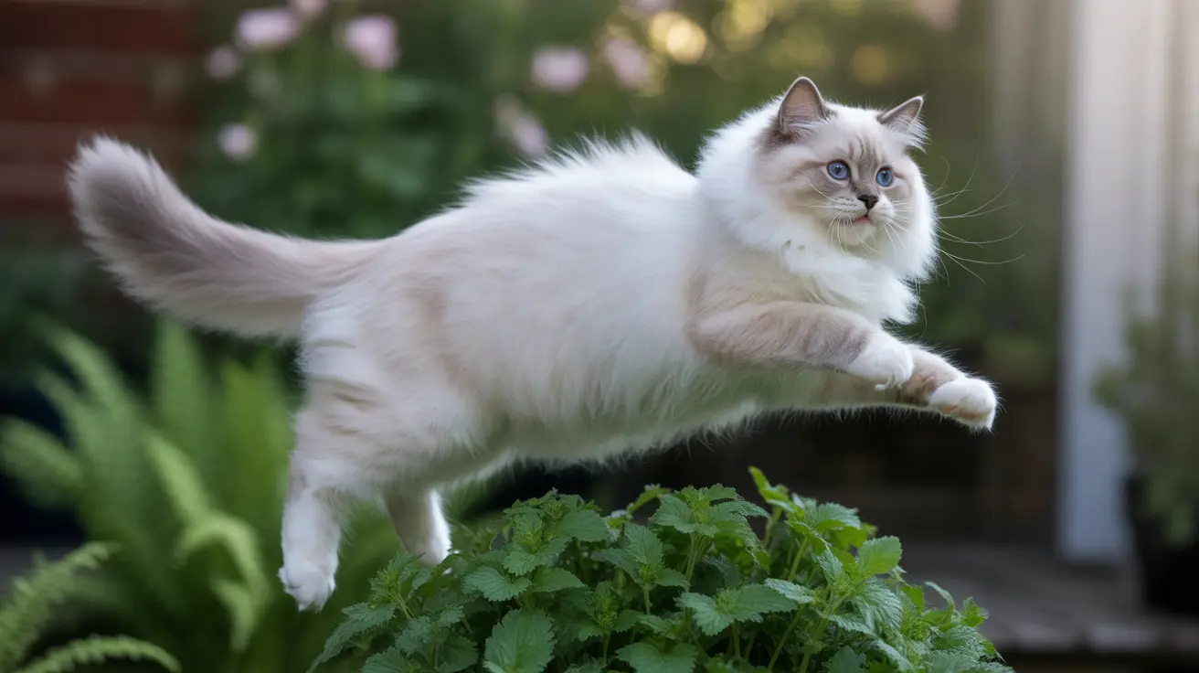 Fluffy Ragdoll cat with blue eyes leaping over a garden planter filled with green plants