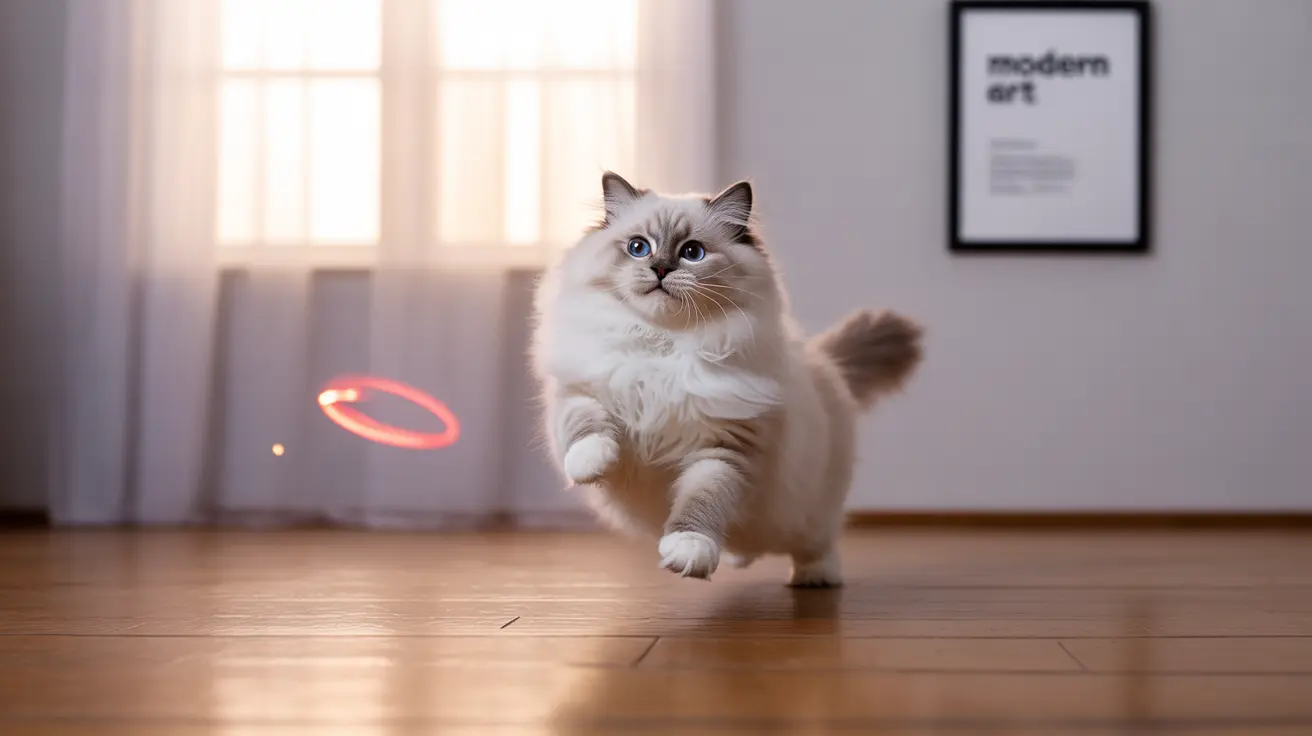 A fluffy white and gray Ragdoll cat leaping playfully on a wooden floor chasing a red circular laser light trail