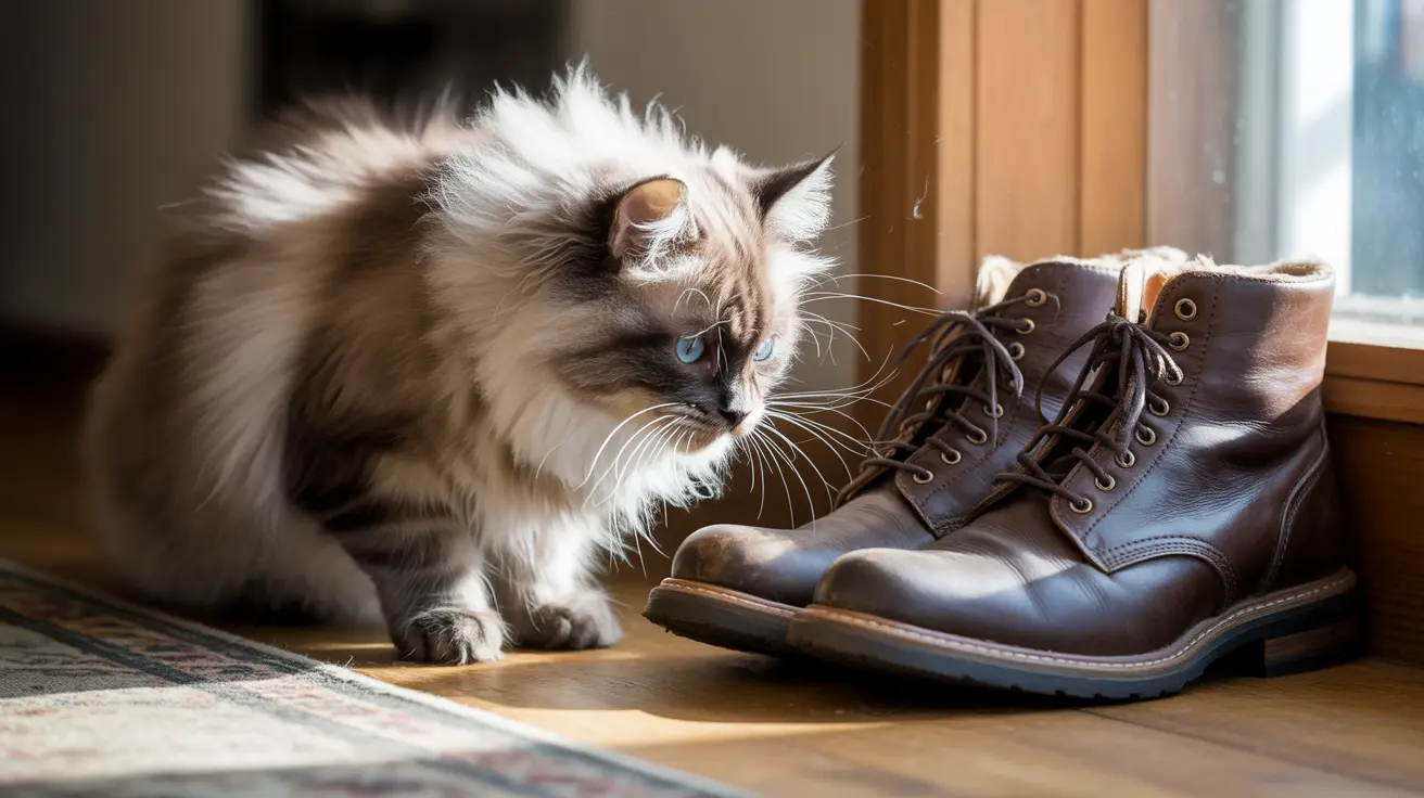 A fluffy Ragdoll cat sitting near a pair of leather boots by a window