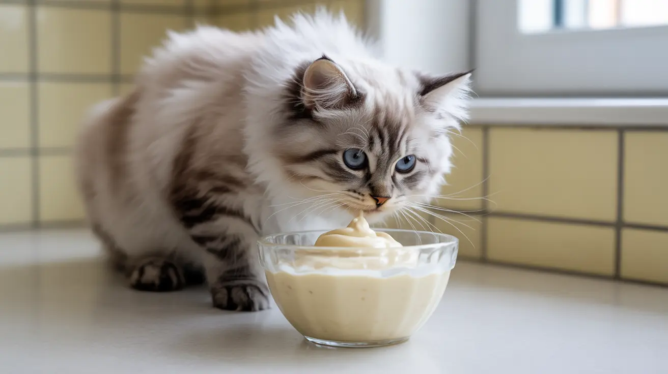 A fluffy Ragdoll cat licking something creamy from a glass bowl