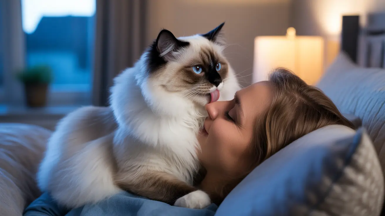 Un gato Ragdoll lamiendo cariñosamente la cara de una persona acostada en un sofá