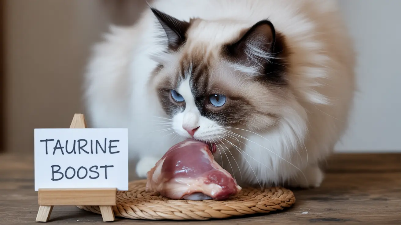 Blue-eyed Ragdoll cat licking raw meat with a Taurine Boost sign nearby