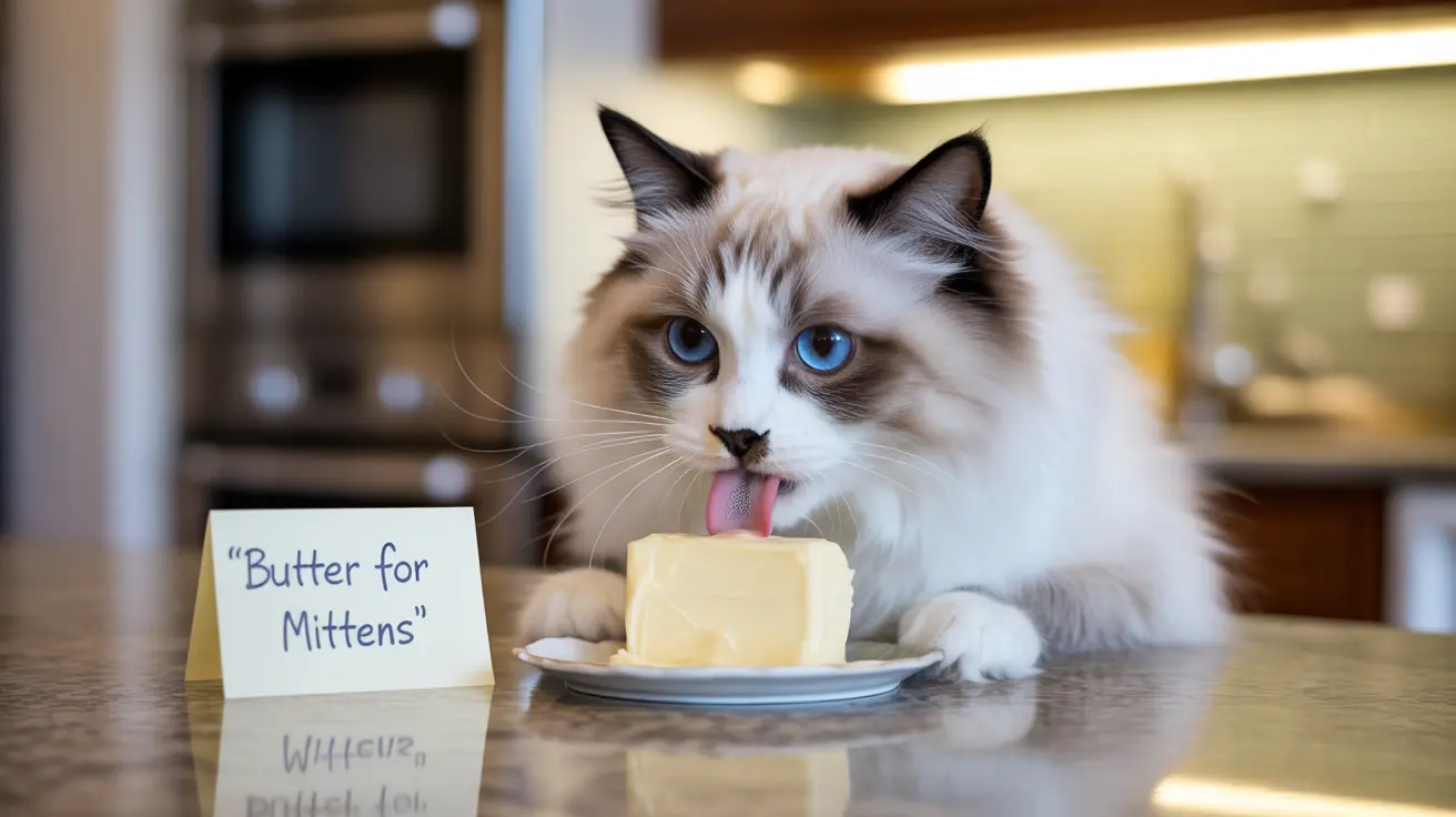 A Ragdoll cat licking a block of butter on a plate with a note saying 'Butter for Mittens'