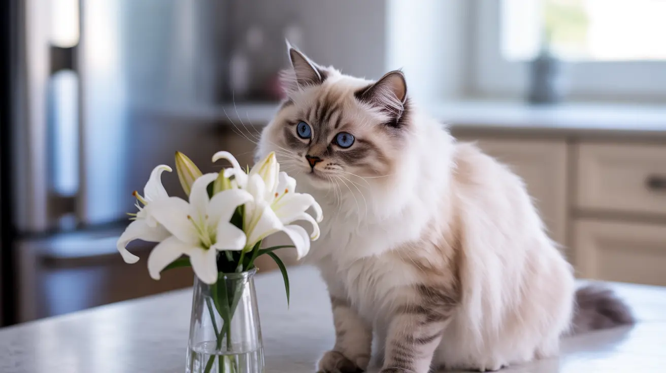 A beautiful Ragdoll cat sitting elegantly next to a vase of white lilies on a kitchen counter