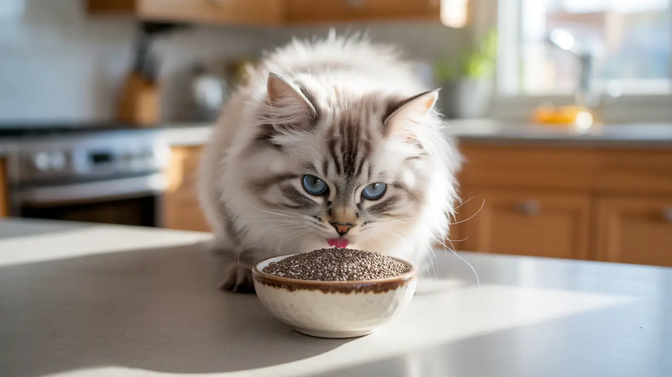 A fluffy white and gray Ragdoll cat with striking blue eyes licking its lips near a bowl of small seeds or grains