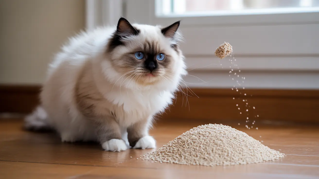 A stunning Ragdoll cat sitting near a pile of cat litter with grains falling around it