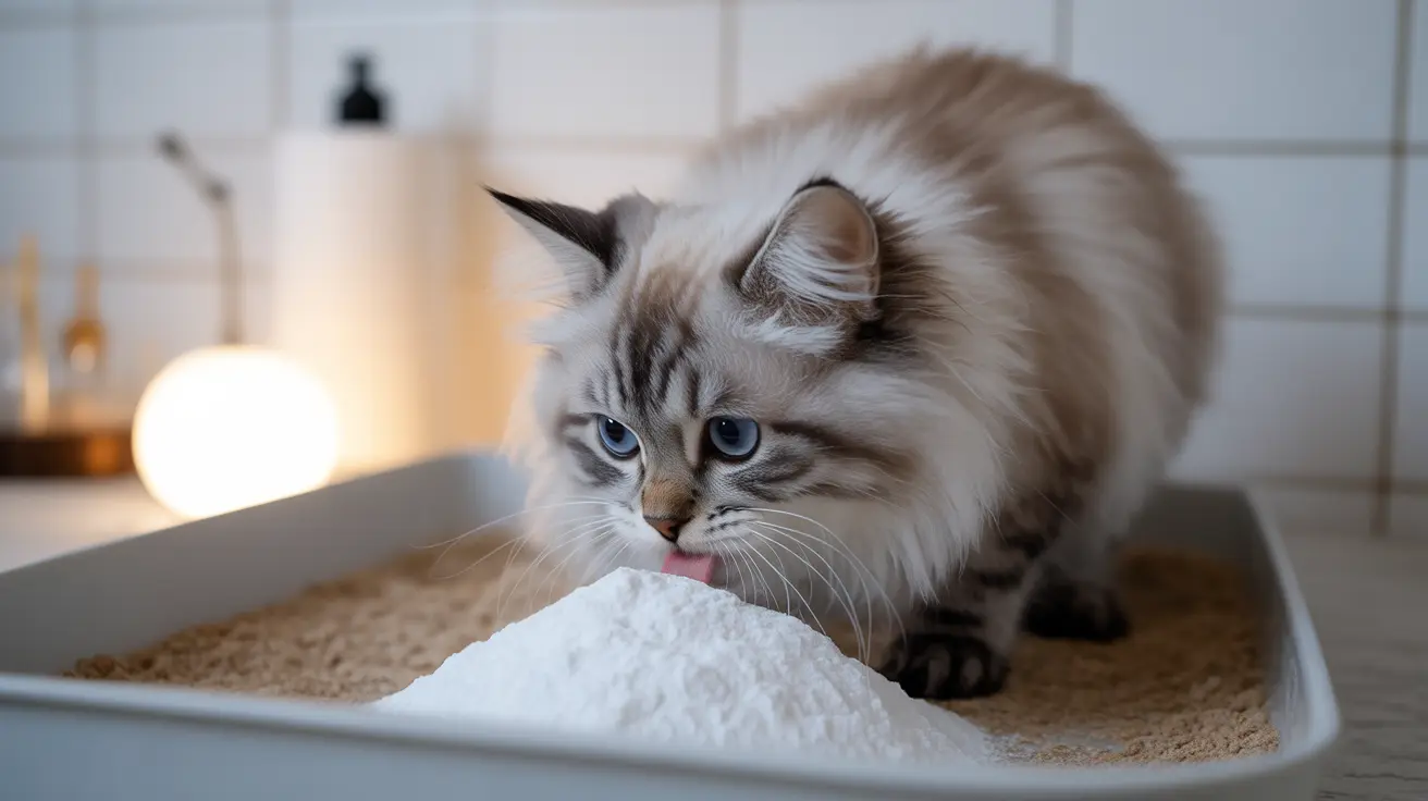 A fluffy Ragdoll cat sitting in a litter box and licking its paw