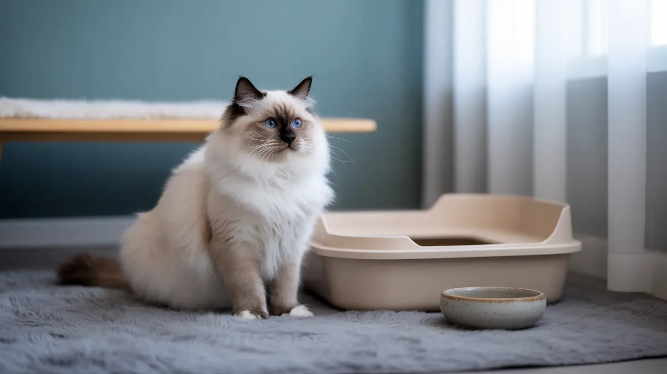 A fluffy white and cream Ragdoll cat sitting elegantly next to a litter box and ceramic bowl