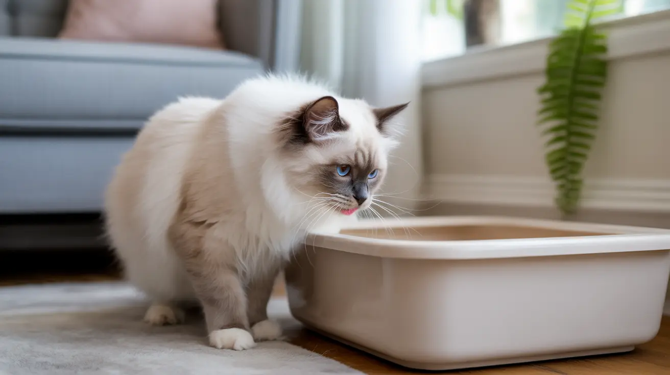 A fluffy white and cream Ragdoll cat sitting near a litter box in a bright, clean indoor setting