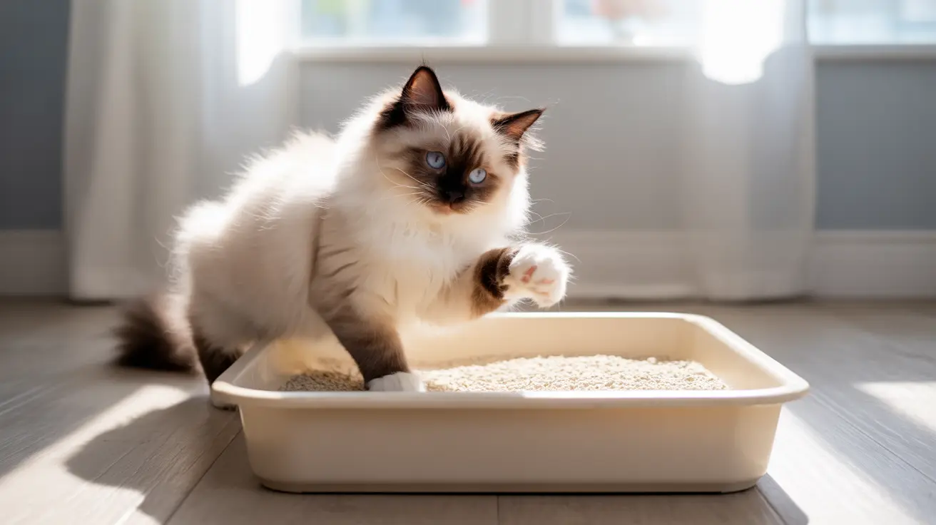 Fluffy white and brown Ragdoll cat sitting next to its litter box with one paw raised