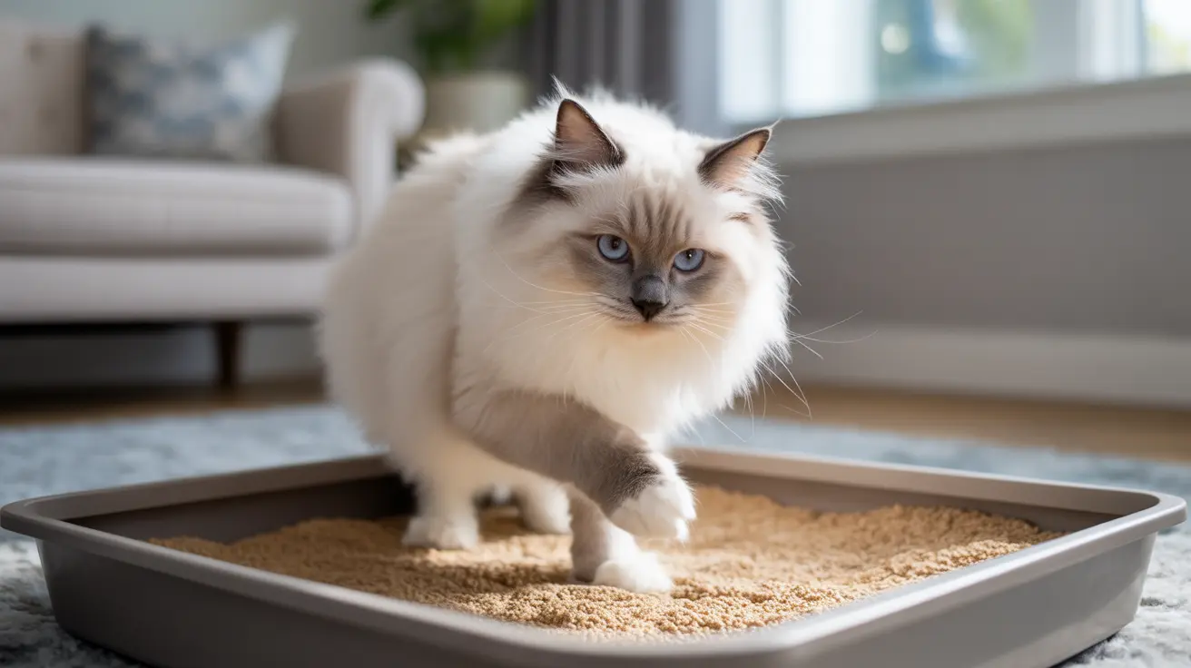 A fluffy white Ragdoll cat standing in a litter box inside a living room