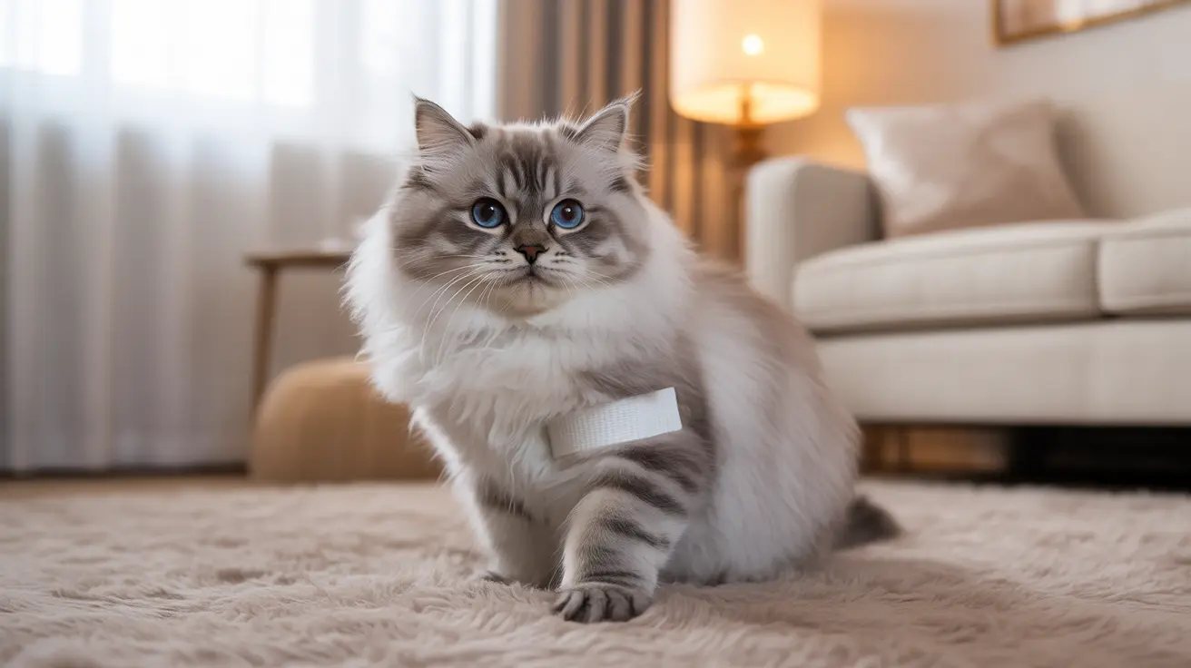 A fluffy Ragdoll cat sitting elegantly on a soft beige rug in a cozy living room.