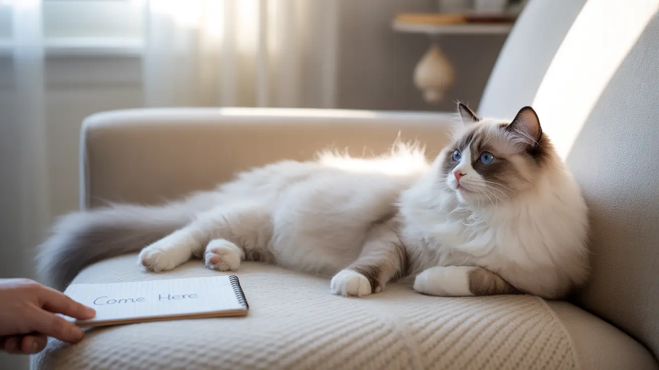 Fluffy white and brown Ragdoll cat lounging elegantly on a light-colored couch with a notebook nearby