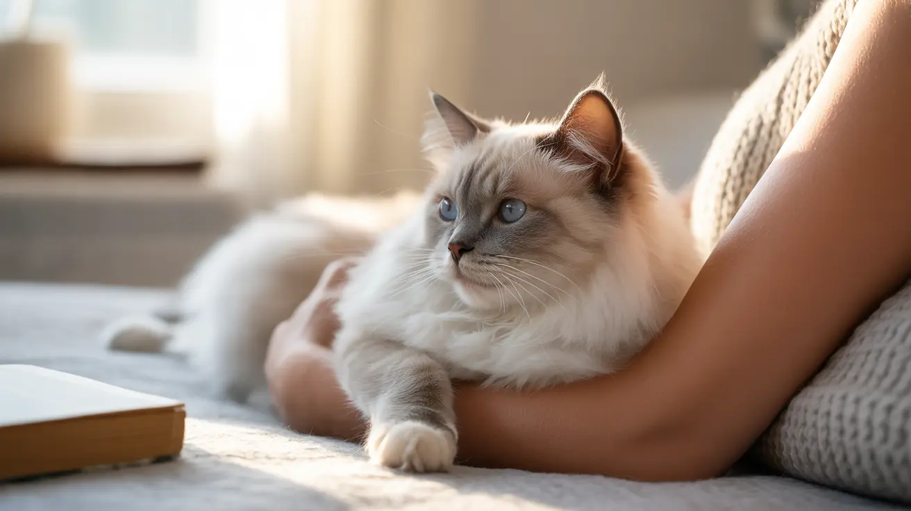 Un gato Ragdoll hermoso descansa cómodamente junto a una persona en un sofá acogedor bajo luz natural suave.