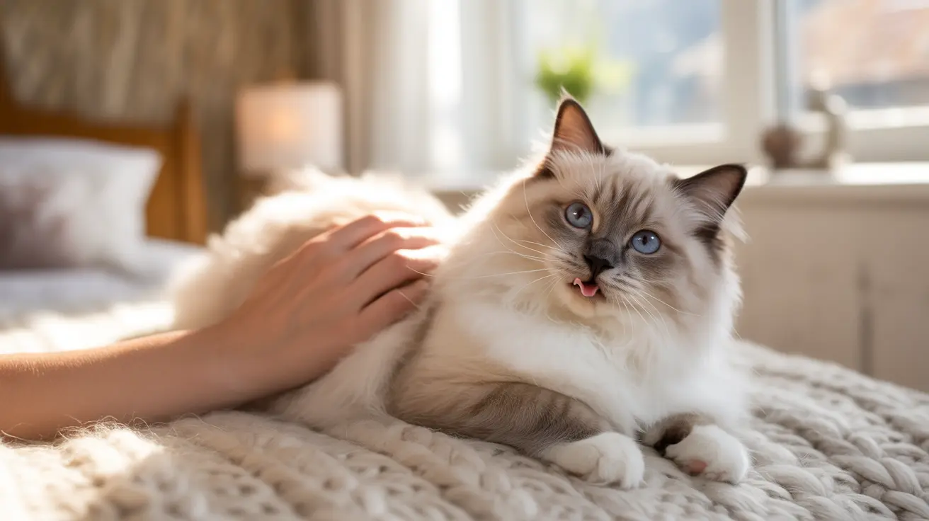 Un gato Ragdoll sereno descansa en una manta suave y texturizada, siendo acariciado cerca de una ventana brillante.