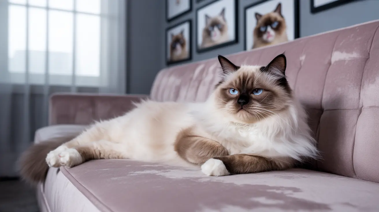 A regal Ragdoll cat lounging on a soft pink velvet couch with framed cat portraits in the background