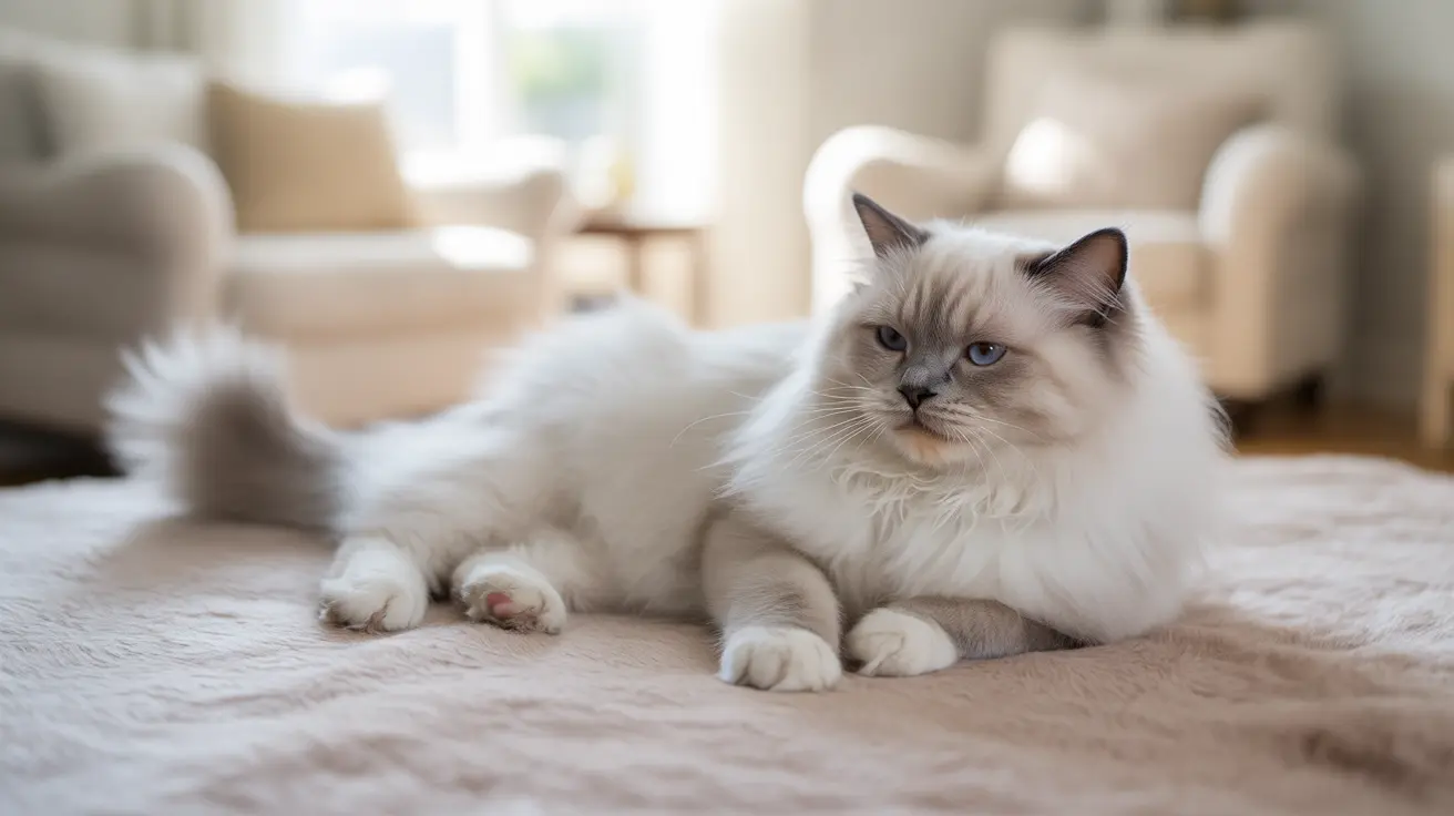 Fluffy white and grey Ragdoll cat lounging elegantly on a soft, light-colored blanket