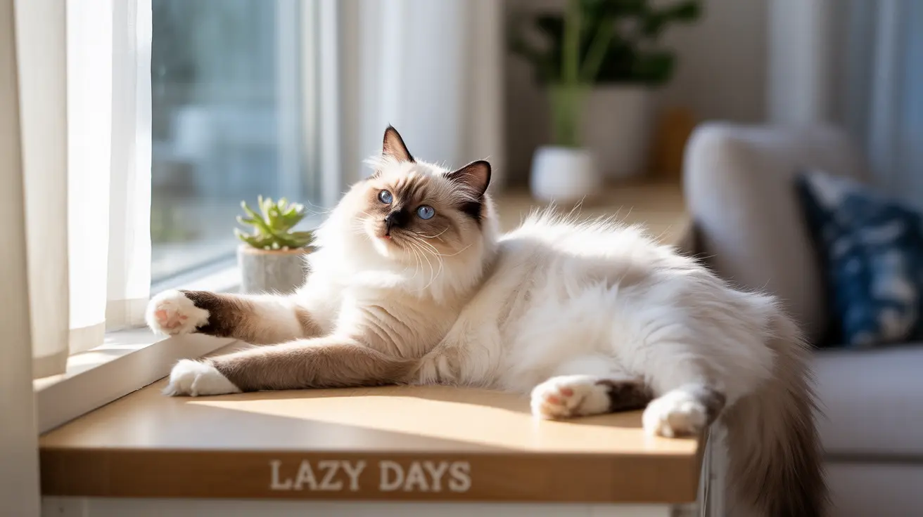 Fluffy white and brown Ragdoll cat lounging peacefully by a window on a sunny day