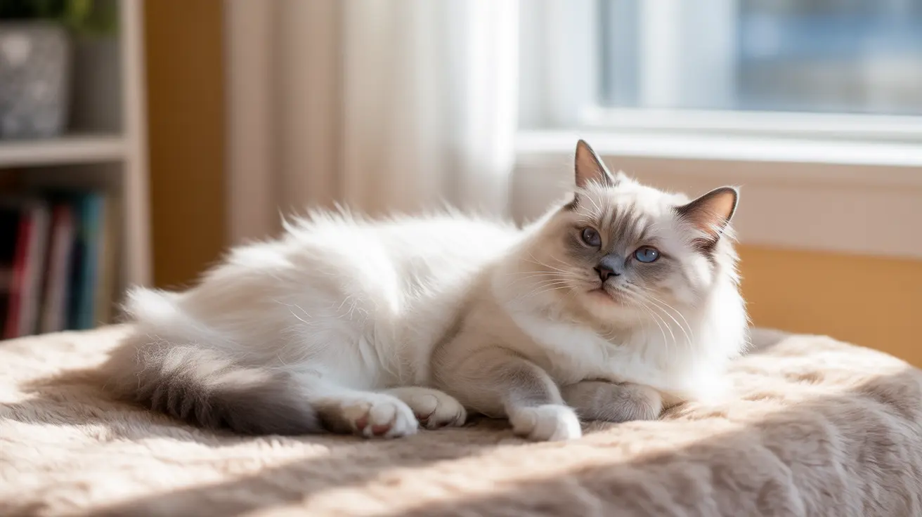 窓辺でくつろぐ威厳のある白とクリーム色のラグドール猫