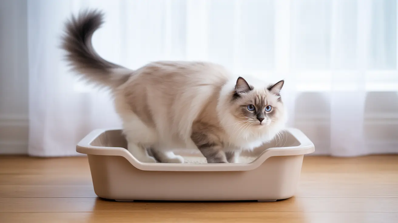 Un gato Ragdoll esponjoso de color blanco y gris sentado en una caja de arena de color claro.
