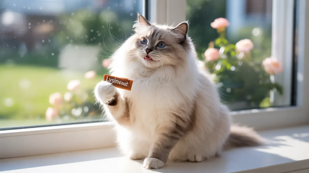 A fluffy white and cream Ragdoll cat sitting on a windowsill holding a Lysincat tag in its paw