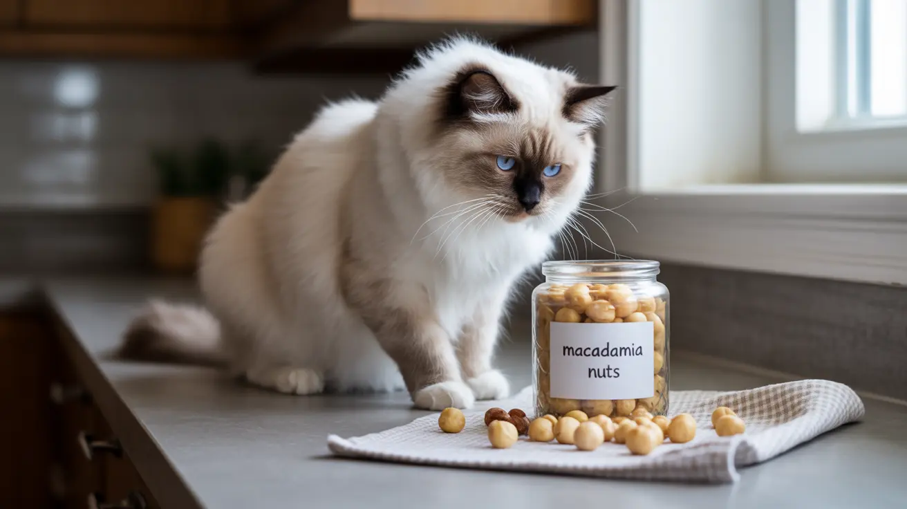 A Ragdoll cat sitting next to a jar of macadamia nuts on a kitchen counter
