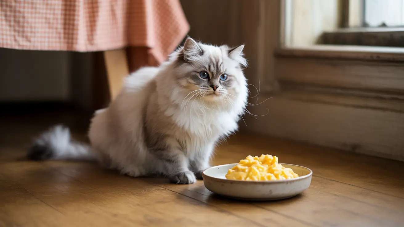 Gato Ragdoll branco e cinza sentado ao lado de uma tigela com comida amarela em chão de madeira