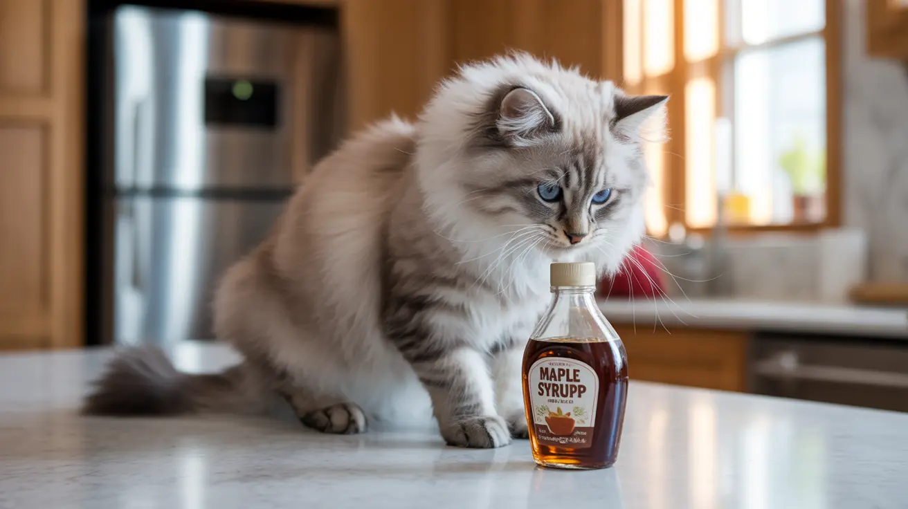 A fluffy white and gray Ragdoll cat sitting next to a bottle of maple syrup on a kitchen counter